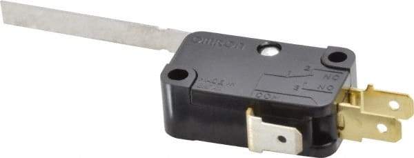 Omron - 0.6 Amp at 125 VDC, 0.3 Amp at 250 VDC, 10 Amp at 250 VAC, SPDT, Hinge Lever, General Purpose Snap Action Switch - 250 VAC, Quick Connect Terminal, 1.2 Ounce Max Operating Force, 18.8mm High x 37.8mm Long x 10.3mm Wide, -13 to 176°F - Apex Tool & Supply