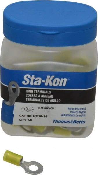 Thomas & Betts - 12-10 AWG Partially Insulated Crimp Connection D Shaped Ring Terminal - 1/4" Stud, 1.12" OAL x 0.53" Wide, Tin Plated Copper Contact - Apex Tool & Supply