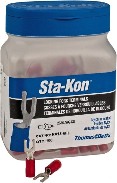 Thomas & Betts - #6 Stud, 22 to 16 AWG Compatible, Partially Insulated, Crimp Connection, Locking Fork Terminal - Apex Tool & Supply