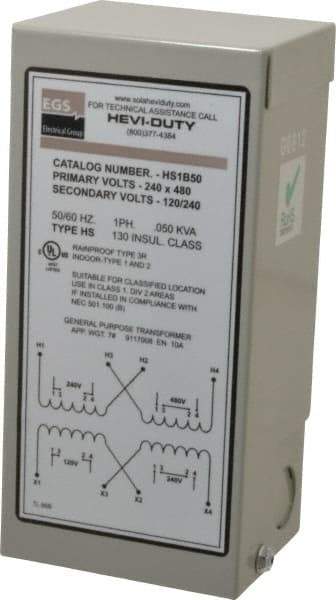 Sola/Hevi-Duty - 1 Phase, 240-480 Volt Input, 120/240 Volt Output, 60 Hz, 0.05 kVA, General Purpose Transformer - 4, 12, 3R, 4X NEMA Rating, 176°F Temp Rise, 4 Inch Wide x 3 Inch Deep x 6 Inch High, Indoor, Outdoor, Wall Mount - Apex Tool & Supply