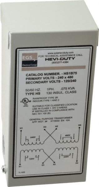 Sola/Hevi-Duty - 1 Phase, 240-480 Volt Input, 120/240 Volt Output, 60 Hz, 0.08 kVA, General Purpose Transformer - 4, 12, 3R, 4X NEMA Rating, 176°F Temp Rise, 4 Inch Wide x 3 Inch Deep x 6 Inch High, Indoor, Outdoor, Wall Mount - Apex Tool & Supply