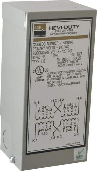 Sola/Hevi-Duty - 1 Phase, 240-480 Volt Input, 120/240 Volt Output, 60 Hz, 0.1 kVA, General Purpose Transformer - 4, 12, 3R, 4X NEMA Rating, 176°F Temp Rise, 4 Inch Wide x 3 Inch Deep x 6 Inch High, Indoor, Outdoor, Wall Mount - Apex Tool & Supply