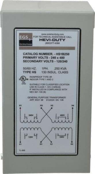 Sola/Hevi-Duty - 1 Phase, 240-480 Volt Input, 120/240 Volt Output, 60 Hz, 1/4 kVA, General Purpose Transformer - 4, 12, 3R, 4X NEMA Rating, 176°F Temp Rise, 4 Inch Wide x 4 Inch Deep x 8 Inch High, Indoor, Outdoor, Wall Mount - Apex Tool & Supply