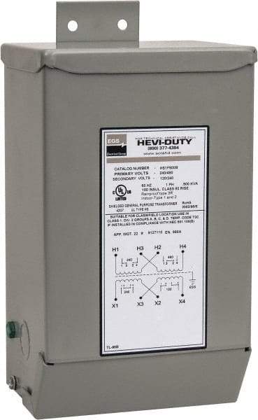 Sola/Hevi-Duty - 1 Phase, 240-480 Volt Input, 120/240 Volt Output, 60 Hz, 0.5 kVA, General Purpose Transformer - 4, 12, 3R, 4X NEMA Rating, 239°F Temp Rise, 6 Inch Wide x 5 Inch Deep x 10 Inch High, Indoor, Outdoor, Wall Mount - Apex Tool & Supply