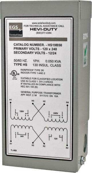 Sola/Hevi-Duty - 120/240 Input Volt, 12/24 Output Volt, 60 Hz, Buck Boost Transformer - 1 Phase, 4 Inch Wide x 3 Inch Deep x 6 Inch High, cULus Listed E77014 - Apex Tool & Supply