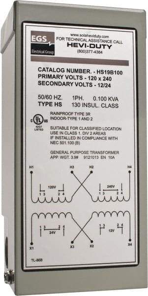 Sola/Hevi-Duty - 120/240 Input Volt, 12/24 Output Volt, 60 Hz, Buck Boost Transformer - 1 Phase, 4 Inch Wide x 3 Inch Deep x 6 Inch High, cULus Listed E77014 - Apex Tool & Supply