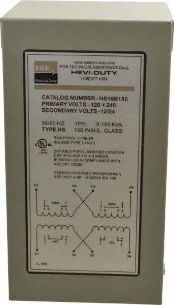 Sola/Hevi-Duty - 120/240 Input Volt, 12/24 Output Volt, 60 Hz, Buck Boost Transformer - 1 Phase, 4 Inch Wide x 4 Inch Deep, cULus Listed E77014 - Apex Tool & Supply