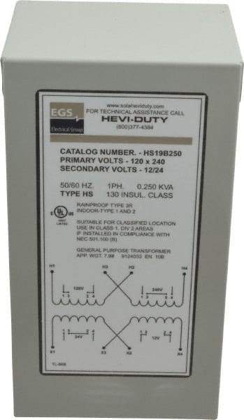Sola/Hevi-Duty - 120/240 Input Volt, 12/24 Output Volt, 60 Hz, Buck Boost Transformer - 1 Phase, 4 Inch Wide x 4 Inch Deep, cULus Listed E77014 - Apex Tool & Supply