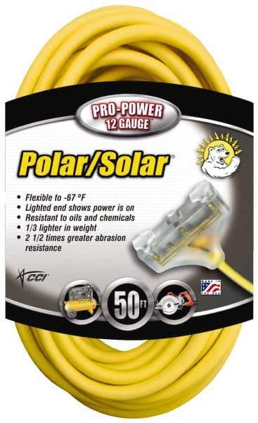 Southwire - 50', 12/3 Gauge/Conductors, Yellow Indoor & Outdoor Extension Cord - 3 Receptacle, 15 Amps, 300 Volts, UL SJEOW-A, NEMA 5-15P, 5-15R x 3 - Apex Tool & Supply