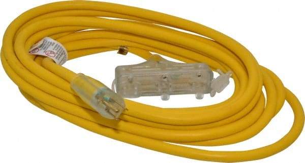 Southwire - 25', 12/3 Gauge/Conductors, Yellow Indoor & Outdoor Extension Cord - 1 Receptacle, 15 Amps, 125 VAC, UL SJTW-A, NEMA 5-15P, 5-15R x 3 - Apex Tool & Supply