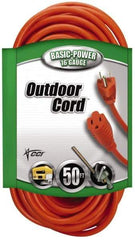 Southwire - 50', 16/3 Gauge/Conductors, Orange Indoor & Outdoor Extension Cord - 1 Receptacle, 13 Amps, 125 VAC, UL SJTW, NEMA 5-15P, 5-15R - Apex Tool & Supply