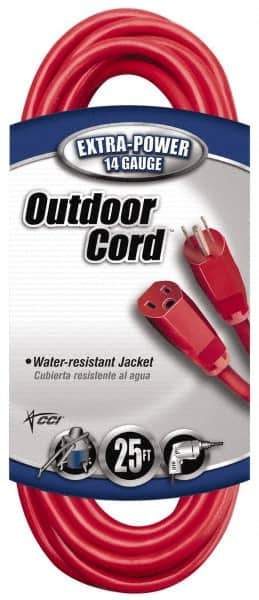 Southwire - 25', 14/3 Gauge/Conductors, Red Indoor & Outdoor Extension Cord - 1 Receptacle, 15 Amps, 125 VAC, UL SJTW, NEMA 5-15P, 5-15R - Apex Tool & Supply