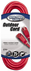 Southwire - 25', 14/3 Gauge/Conductors, Red Indoor & Outdoor Extension Cord - 1 Receptacle, 15 Amps, 125 VAC, UL SJTW, NEMA 5-15P, 5-15R - Apex Tool & Supply