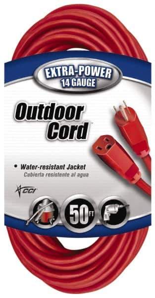 Southwire - 50', 14/3 Gauge/Conductors, Red Indoor & Outdoor Extension Cord - 1 Receptacle, 15 Amps, 125 VAC, UL SJTW, NEMA 5-15P, 5-15R - Apex Tool & Supply