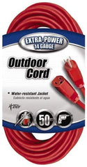 Southwire - 50', 14/3 Gauge/Conductors, Red Indoor & Outdoor Extension Cord - 1 Receptacle, 15 Amps, 125 VAC, UL SJTW, NEMA 5-15P, 5-15R - Apex Tool & Supply