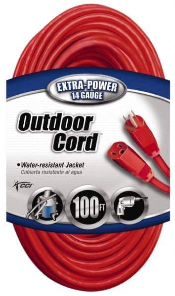 Southwire - 100', 14/3 Gauge/Conductors, Red Indoor & Outdoor Extension Cord - 1 Receptacle, 13 Amps, 125 VAC, UL SJTW, NEMA 5-15P, 5-15R - Apex Tool & Supply