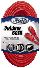 Southwire - 100', 14/3 Gauge/Conductors, Red Indoor & Outdoor Extension Cord - 1 Receptacle, 13 Amps, 125 VAC, UL SJTW, NEMA 5-15P, 5-15R - Apex Tool & Supply