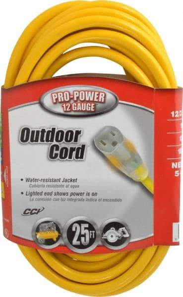 Southwire - 25', 12/3 Gauge/Conductors, Yellow Indoor & Outdoor Extension Cord - 1 Receptacle, 15 Amps, 125 VAC, UL SJTW, NEMA 5-15P, 5-15R - Apex Tool & Supply