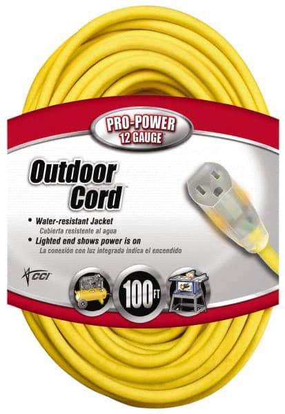 Southwire - 100', 12/3 Gauge/Conductors, Yellow Indoor & Outdoor Extension Cord - 1 Receptacle, 15 Amps, 125 VAC, UL SJTW, NEMA 5-15P, 5-15R - Apex Tool & Supply