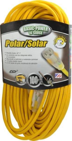 Southwire - 100', 16/3 Gauge/Conductors, Yellow Outdoor Extension Cord - 1 Receptacle, 10 Amps, 125 VAC, UL SJEOOW, NEMA 5-15P, 5-15R - Apex Tool & Supply