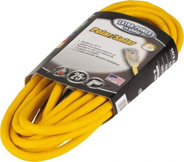 Southwire - 25', 14/3 Gauge/Conductors, Yellow Outdoor Extension Cord - 1 Receptacle, 15 Amps, 125 VAC, UL SJEOOW, NEMA 5-15P, 5-15R - Apex Tool & Supply