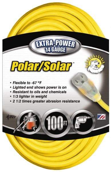 Southwire - 100', 14/3 Gauge/Conductors, Yellow Outdoor Extension Cord - 1 Receptacle, 13 Amps, 125 VAC, UL SJEOOW, NEMA 5-15P, 5-15R - Apex Tool & Supply