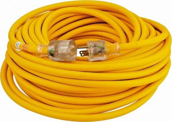 Southwire - 100', 14/3 Gauge/Conductors, Yellow Outdoor Extension Cord - 1 Receptacle, 13 Amps, 125 VAC, UL SEOOW, NEMA 5-15P, 5-15R - Apex Tool & Supply
