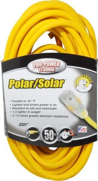 Southwire - 50', 12/3 Gauge/Conductors, Yellow Outdoor Extension Cord - 1 Receptacle, 15 Amps, 125 VAC, UL SJEOOW, NEMA 5-15P, 5-15R - Apex Tool & Supply