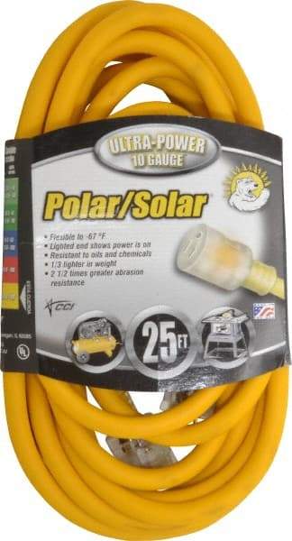 Southwire - 25', 10/3 Gauge/Conductors, Yellow Outdoor Extension Cord - 1 Receptacle, 15 Amps, 125 VAC, UL SJEOOW, NEMA 5-15P, 5-15R - Apex Tool & Supply