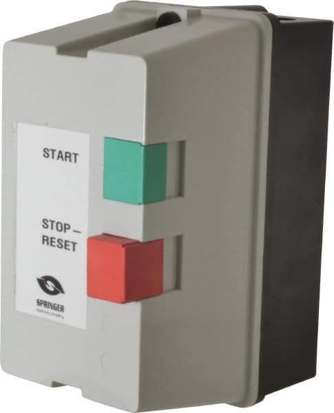 Springer - 32 Amp, 120 Coil VAC, 60 Hz, Nonreversible Enclosed IEC Motor Starter - Pushbutton Start Stop, 3 Phase Hp: 10 at 230 Volt, 20 at 460 Volt, 25 at 575 Volt - Apex Tool & Supply