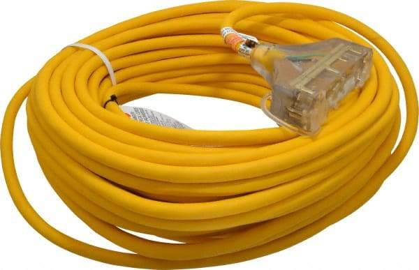 Southwire - 100', 12/3 Gauge/Conductors, Yellow Outdoor Extension Cord - 1 Receptacle, 15 Amps, 125 VAC, UL SJEOOW, NEMA 5-15P, 5-15R x 3 - Apex Tool & Supply