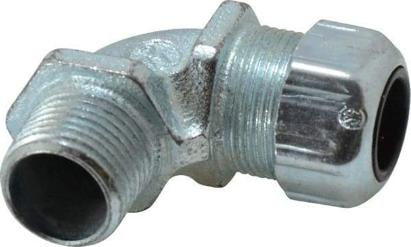 Thomas & Betts - 0.45 to 0.56" Cable Capacity, Liquidtight, Elbow Strain Relief Cord Grip - 1/2 NPT Thread, Iron - Apex Tool & Supply