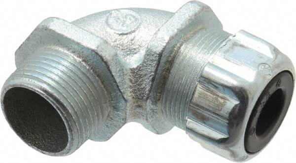 Thomas & Betts - 3/8 to 1/2" Cable Capacity, Liquidtight, Elbow Strain Relief Cord Grip - 3/4 NPT Thread, Iron - Apex Tool & Supply