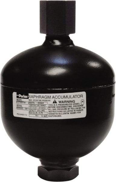 Parker - 20 Lb. Capacity, 3,045 psi Max Working Pressure, 5.55" High, Hydrin Diaphragm Accumulator - 3.74" Diam, 8 SAE Port Thread - Apex Tool & Supply
