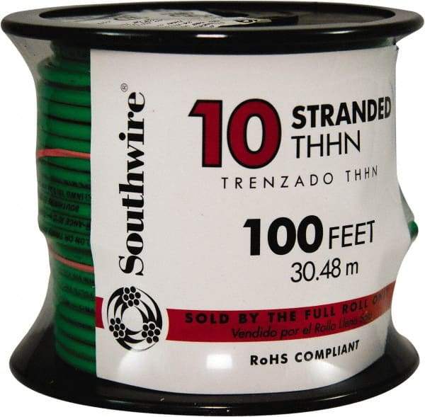 Southwire - THHN/THWN, 10 AWG, 30 Amp, 100' Long, Stranded Core, 19 Strand Building Wire - Green, Thermoplastic Insulation - Apex Tool & Supply