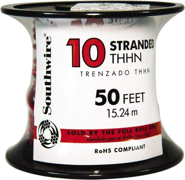 Southwire - THHN/THWN, 10 AWG, 30 Amp, 50' Long, Stranded Core, 19 Strand Building Wire - Red, Thermoplastic Insulation - Apex Tool & Supply