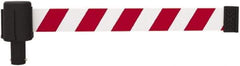 Banner Stakes - 6.61" High x 15' Long x 2-1/2" Wide Retractable Barrier Belt - Plastic & Polyester, Matte Finish, Red/White, Use with Banner Stakes Plus Stanchion, Banner Stakes Plus Base - Apex Tool & Supply