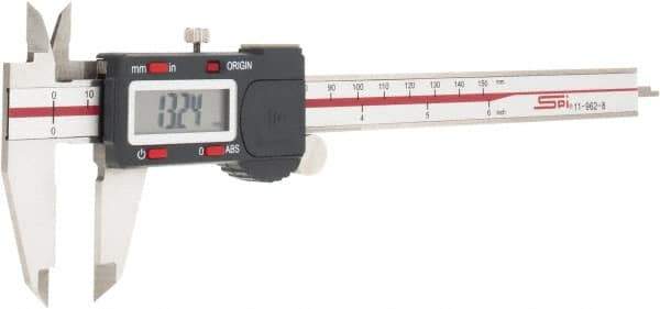SPI - 0 to 6" Range 0.0005" Resolution, IP54 Electronic Caliper - Stainless Steel with 1.56" Stainless Steel Jaws, 0.001" Accuracy, USB Output - Apex Tool & Supply