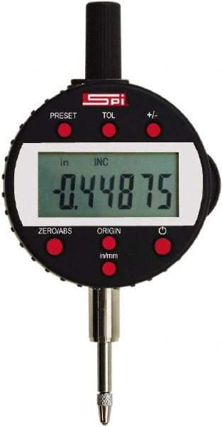 SPI - 0 to 1/2" Range, 0.00005" Graduation, Electronic Drop Indicator - Flat & Center Lug Back, Accurate to 0.00016", English & Metric System, LCD Display - Apex Tool & Supply