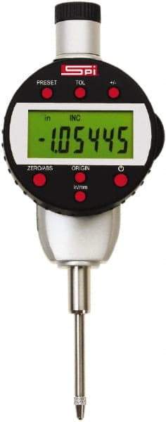 SPI - 0 to 1" Range, 0.00005" Graduation, Electronic Drop Indicator - Flat & Center Lug Back, Accurate to 0.0002", English & Metric System, LCD Display - Apex Tool & Supply