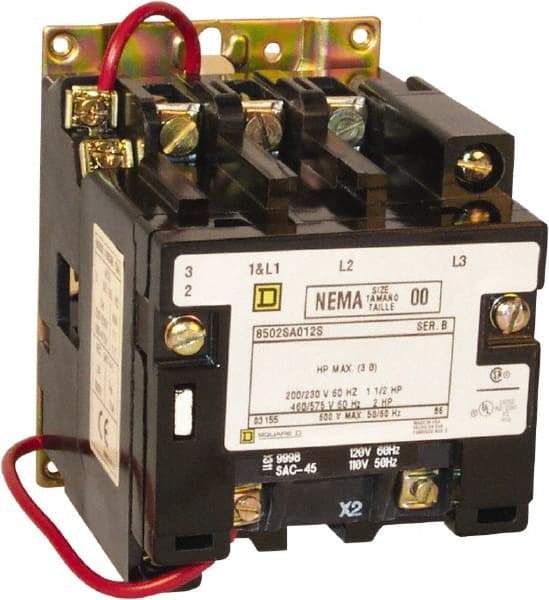 Square D - 3 Pole, 550 Coil VAC at 50 Hz and 600 Coil VAC at 60 Hz, 9 Amp NEMA Contactor - Open Enclosure, 50 Hz at 550 Hz VAC and 60 Hz at 600 VAC - Apex Tool & Supply