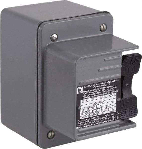 Square D - 2 Poles, 16 Amp, NEMA, Enclosed Toggle Manual Motor Starter - 1 hp at 115 VAC, 1 hp at 230 VAC, 1 hp at 277 VAC, 3/4 hp at 115 VDC & 3/4 hp at 230 VDC, CE, CSA, NEMA 4 & UL Listed - Apex Tool & Supply