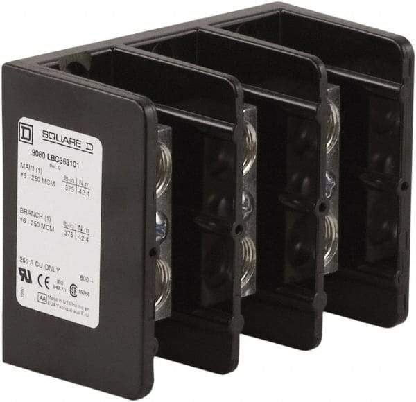 Square D - 3 Poles, 255 (Copper) Amp, Phenolic Power Distribution Block - 600 VAC, 1 Primary Connection - Apex Tool & Supply