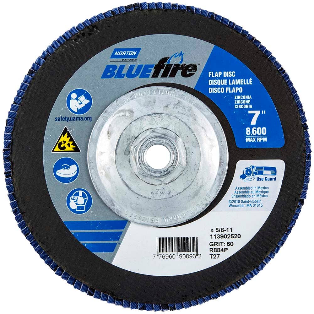 Norton - 7" 60 Grit 5/8-11 Center Hole Type 27 Zirconia Alumina Flap Disc - Apex Tool & Supply