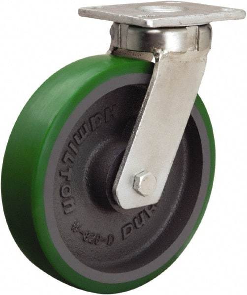 Hamilton - 8" Diam x 2" Wide x 9-1/2" OAH Top Plate Mount Swivel Caster - Polyurethane Mold onto Cast Iron Center, 1,500 Lb Capacity, Sealed Precision Ball Bearing, 4 x 4-1/2" Plate - Apex Tool & Supply