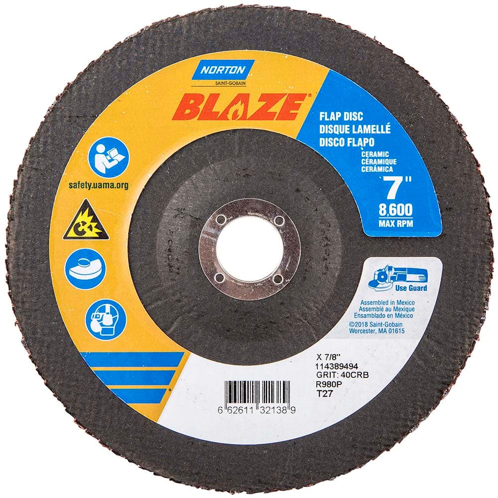 Norton - 7" 40 Grit 7/8" Center Hole Type 27 Ceramic Alumina Flap Disc - Apex Tool & Supply