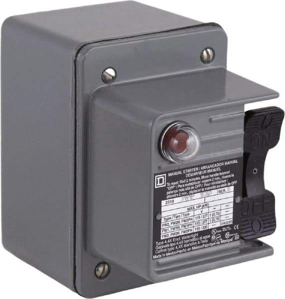 Square D - 2 Poles, 16 Amp, NEMA, Enclosed Toggle Manual Motor Starter - 1 hp at 115 VAC, 1 hp at 230 VAC, 1 hp at 277 VAC, 3/4 hp at 115 VDC & 3/4 hp at 230 VDC, CE, CSA, NEMA 4 & UL Listed - Apex Tool & Supply