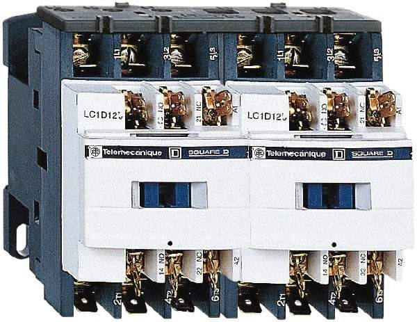 Schneider Electric - 3 Pole, 24 Coil VAC at 50/60 Hz, 9 Amp at 440 VAC, Reversible IEC Contactor - 1 Phase hp: 0.5 at 115 VAC, 1 at 230/240 VAC, 3 Phase hp: 2 at 200/208 VAC, 2 at 230/240 VAC, 5 at 460/480 VAC, 7.5 at 575/600 VAC - Apex Tool & Supply