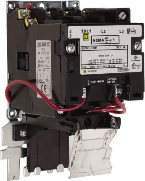 Square D - 600 Coil VAC, 27 Amp, NEMA Size 1, Open Enclosure NEMA Motor Starter - 1 Phase hp: 7 1/2 at 200 Volt, 7 1/2 at 230 Volt, 3 Phase hp: 10 at 460 Volt, 10 at 575 Volt - Apex Tool & Supply