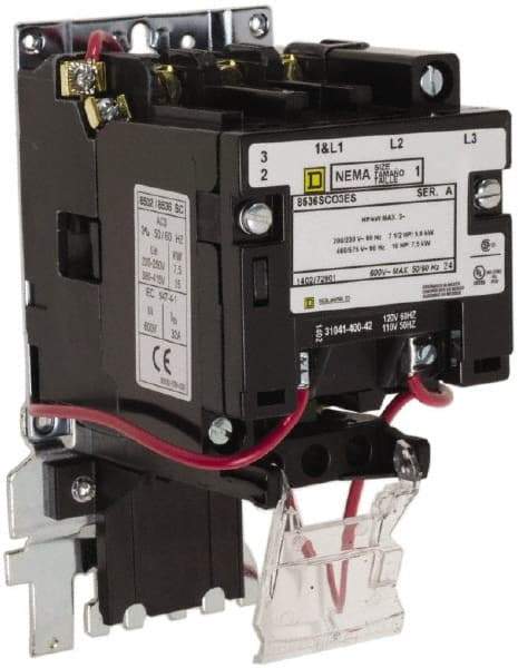 Square D - 110 Coil VAC at 50 Hz, 120 Coil VAC at 60 Hz, 600 Coil VAC, 27 Amp, NEMA Size 1, Open Enclosure NEMA Motor Starter - 1 Phase hp: 7 1/2 at 200 Volt, 7 1/2 at 230 Volt, 3 Phase hp: 10 at 460 Volt, 10 at 575 Volt - Apex Tool & Supply